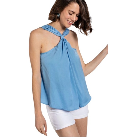 LUNA KNOT FRONT & BACK REVERSIBLE SATIN TOP Blue - Picture 1 of 8